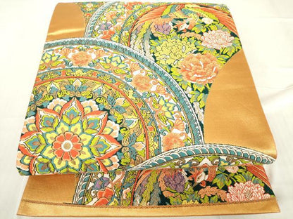 平和屋着物▼六通柄袋帯　唐織　正倉院鳳凰花文　金糸　正絹　逸品　DABA4881az
