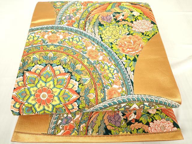 平和屋着物▼六通柄袋帯　唐織　正倉院鳳凰花文　金糸　正絹　逸品　DABA4881az
