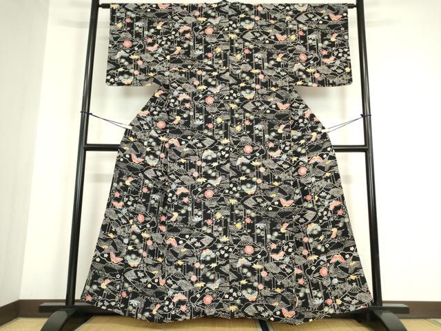 平和屋着物●上質な小紋　型染め　扇面花蝶文　黒地　正絹　逸品　DABA4890az