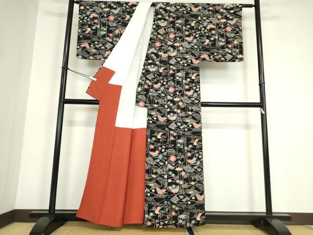 平和屋着物●上質な小紋　型染め　扇面花蝶文　黒地　正絹　逸品　DABA4890az