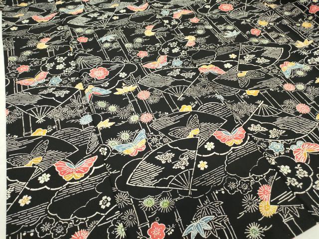 平和屋着物●上質な小紋　型染め　扇面花蝶文　黒地　正絹　逸品　DABA4890az