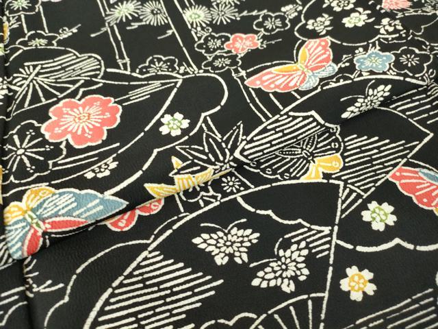 平和屋着物●上質な小紋　型染め　扇面花蝶文　黒地　正絹　逸品　DABA4890az