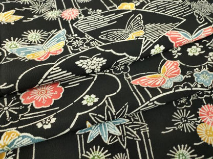 平和屋着物●上質な小紋　型染め　扇面花蝶文　黒地　正絹　逸品　DABA4890az