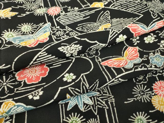 平和屋着物●上質な小紋　型染め　扇面花蝶文　黒地　正絹　逸品　DABA4890az