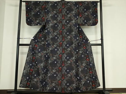 平和屋着物●久留米絣　単衣　更紗花唐草文　綿　逸品　DABA4899az