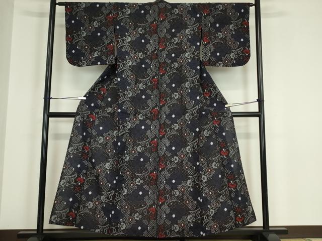 平和屋着物●久留米絣　単衣　更紗花唐草文　綿　逸品　DABA4899az