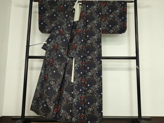 平和屋着物●久留米絣　単衣　更紗花唐草文　綿　逸品　DABA4899az