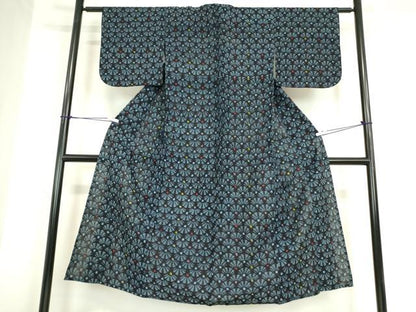 平和屋着物●久留米絣　単衣　花青海波文　綿　逸品　DABA4907az