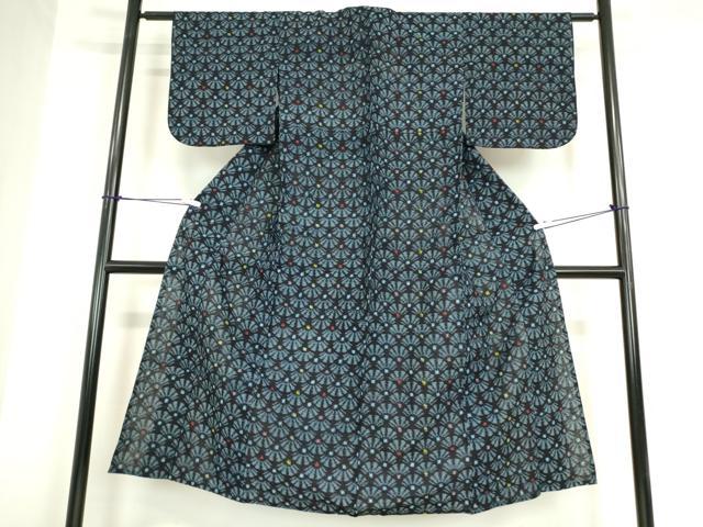 平和屋着物●久留米絣　単衣　花青海波文　綿　逸品　DABA4907az