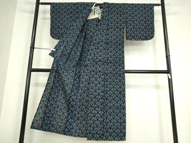 平和屋着物●久留米絣　単衣　花青海波文　綿　逸品　DABA4907az