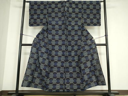 平和屋着物●久留米絣　単衣　格子花文　綿　逸品　DABA4910az