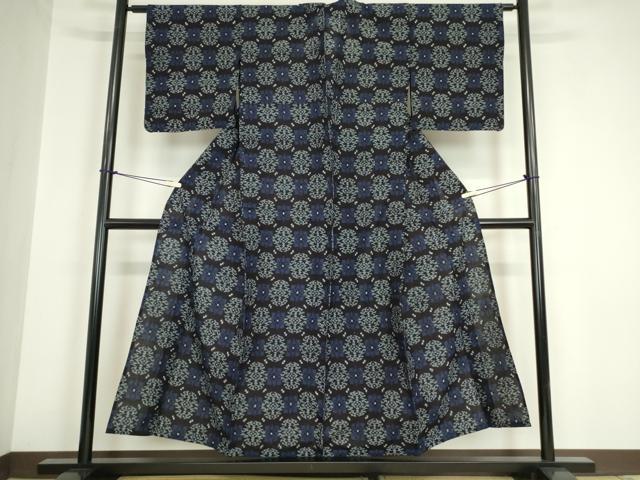 平和屋着物●久留米絣　単衣　格子花文　綿　逸品　DABA4910az