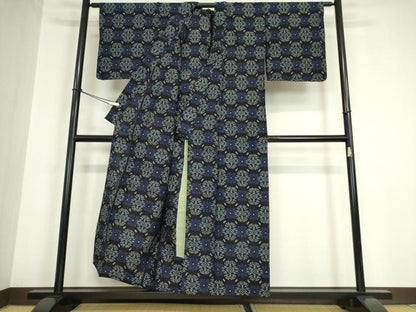 平和屋着物●久留米絣　単衣　格子花文　綿　逸品　DABA4910az