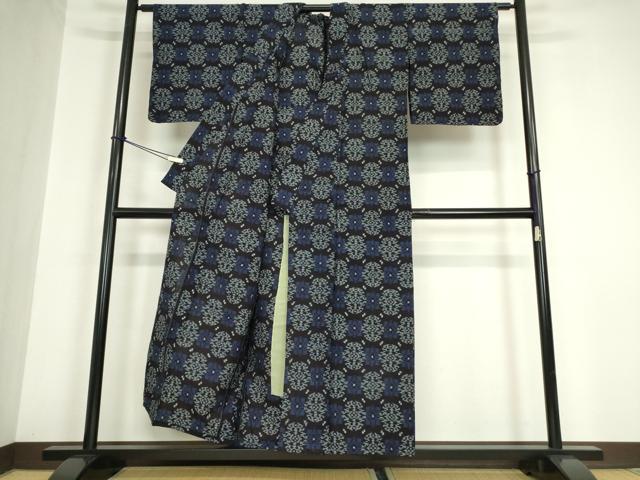平和屋着物●久留米絣　単衣　格子花文　綿　逸品　DABA4910az