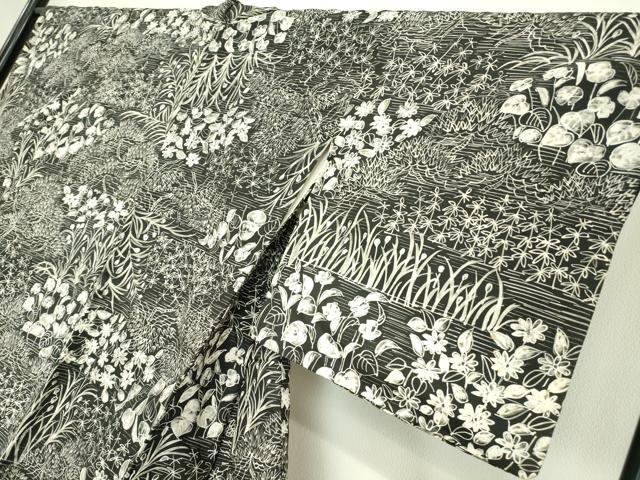 平和屋着物●本場染大島紬　訪問着　草花　黒地　正絹　逸品　DABA4915az
