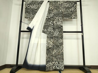 平和屋着物●本場染大島紬　訪問着　草花　黒地　正絹　逸品　DABA4915az