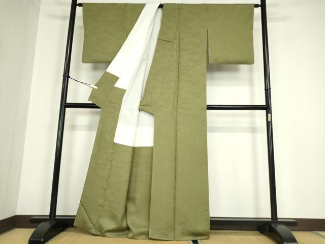 平和屋着物●上質な色無地　松地紋　黄海松茶色　正絹　逸品　DABA4917az