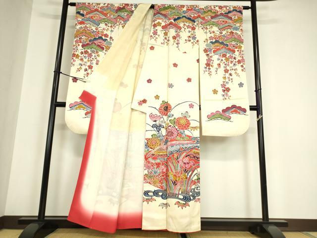 平和屋着物●豪華振袖　紅型　流水花文　正絹　逸品　DABA4923az