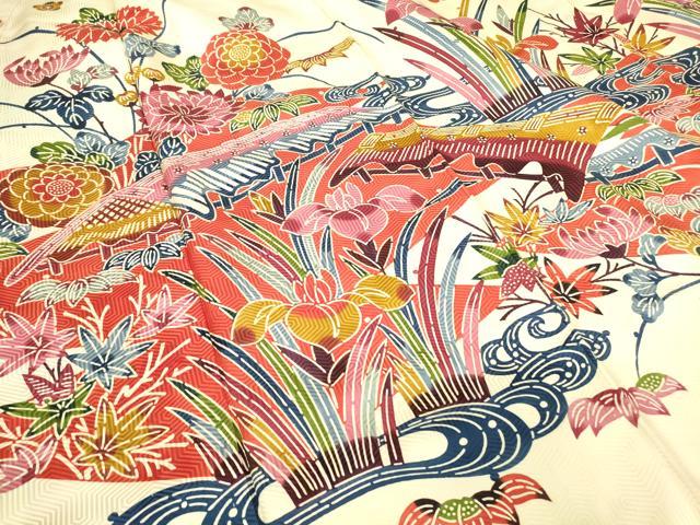 平和屋着物●豪華振袖　紅型　流水花文　正絹　逸品　DABA4923az