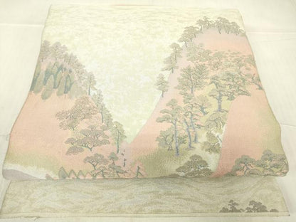 平和屋着物▼山喜織物謹製　萬葉　紹巴　全通柄袋帯　重ね山樹林文　正絹　逸品　DABA4972az