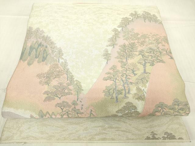 平和屋着物▼山喜織物謹製　萬葉　紹巴　全通柄袋帯　重ね山樹林文　正絹　逸品　DABA4972az