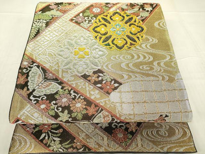 平和屋着物▼六通柄袋帯　正倉院鳳凰花蝶文　金銀糸　正絹　逸品　DABA4976az