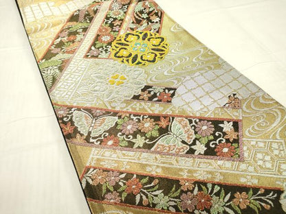 平和屋着物▼六通柄袋帯　正倉院鳳凰花蝶文　金銀糸　正絹　逸品　DABA4976az