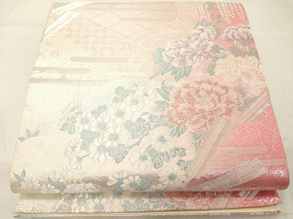 平和屋着物◎六通柄袋帯 道長吉祥花文 銀糸 正絹 逸品 DABA5015cd