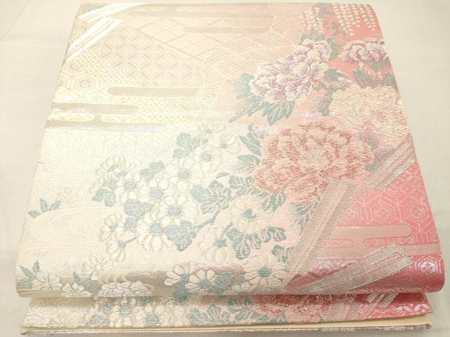 平和屋着物◎六通柄袋帯 道長吉祥花文 銀糸 正絹 逸品 DABA5015cd