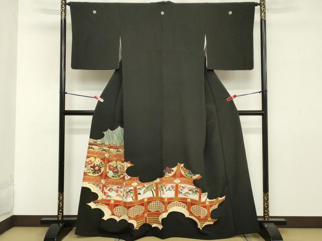 平和屋着物■豪華黒留袖　駒刺繍　吉祥花文　暈し染め　金彩　正絹　逸品　DABA5124cd