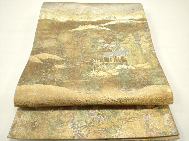 平和屋着物◎六通柄袋帯 遠山風景文 船 金銀糸 引箔 正絹 逸品 DABA5310cd