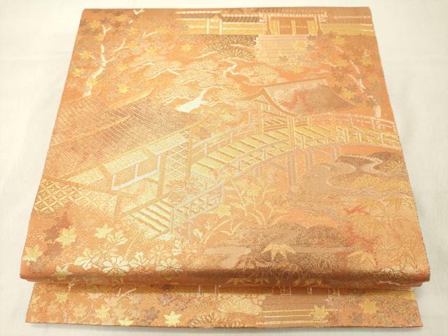 平和屋着物◎六通柄袋帯 風景花文 金糸 正絹 逸品 DABA5318cd