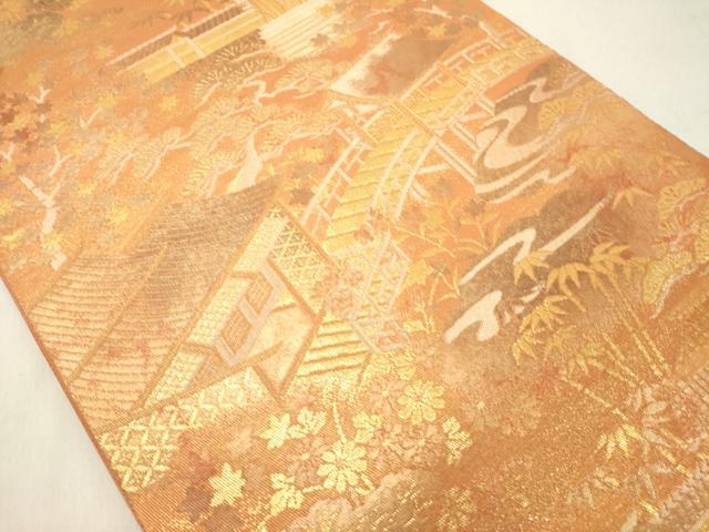 平和屋着物◎六通柄袋帯 風景花文 金糸 正絹 逸品 DABA5318cd