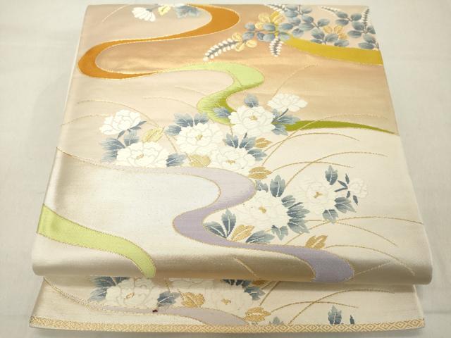 平和屋着物◎六通柄袋帯 流水秋草文 金銀糸 正絹 逸品 DABA5364cd