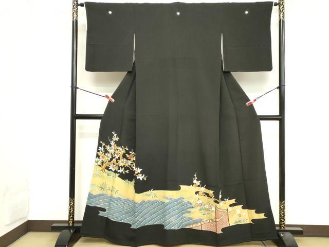 平和屋着物■豪華黒留袖　駒刺繍　枝花文　暈し染め　金彩　正絹　逸品　DABA5503cd