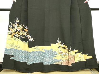 平和屋着物■豪華黒留袖　駒刺繍　枝花文　暈し染め　金彩　正絹　逸品　DABA5503cd