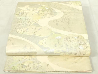 平和屋着物◎六通柄袋帯　ふくれ織　流水草花文　銀糸　引箔　正絹　逸品　DABA5589qp