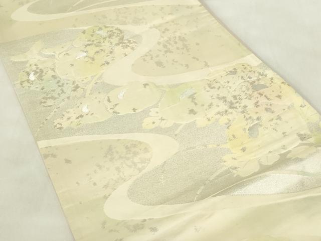 平和屋着物◎六通柄袋帯　ふくれ織　流水草花文　銀糸　引箔　正絹　逸品　DABA5589qp