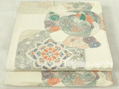 平和屋着物◎佐賀錦　六通柄袋帯　正倉院鳳凰花文　銀糸　正絹　逸品　DABA5627qp