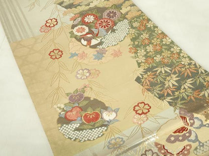 平和屋着物◎六通柄袋帯　唐織　雪輪鴛鴦花鳥文　金銀糸　正絹　逸品　DABA5643qp