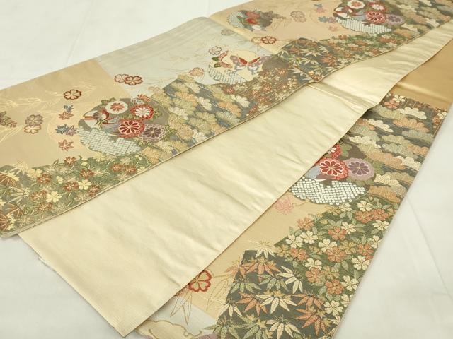 平和屋着物◎六通柄袋帯　唐織　雪輪鴛鴦花鳥文　金銀糸　正絹　逸品　DABA5643qp