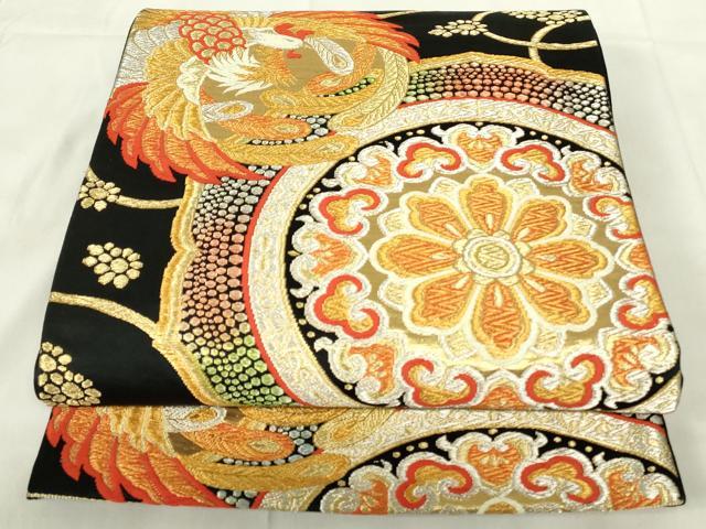 平和屋着物◎六通柄袋帯　唐織　鳳凰花文　黒地　金銀糸　正絹　逸品　DABA5726qp