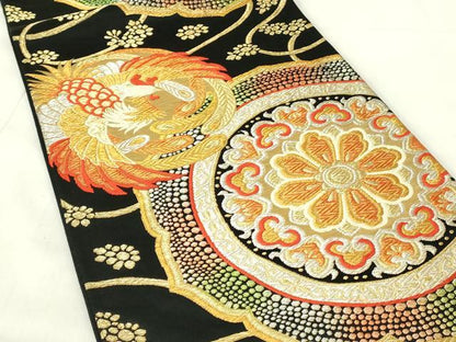 平和屋着物◎六通柄袋帯　唐織　鳳凰花文　黒地　金銀糸　正絹　逸品　DABA5726qp