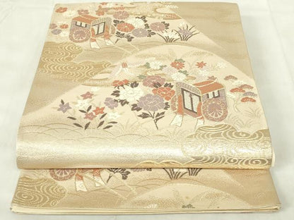 平和屋着物◎西陣　六通柄袋帯　唐織　御所車花文　金糸　正絹　逸品　DABA5732qp