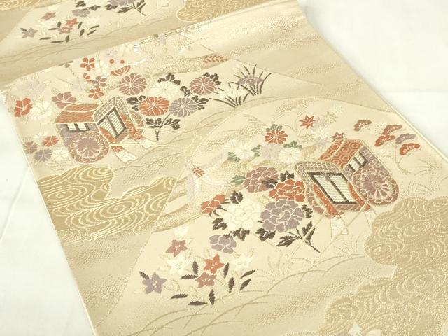 平和屋着物◎西陣　六通柄袋帯　唐織　御所車花文　金糸　正絹　逸品　DABA5732qp