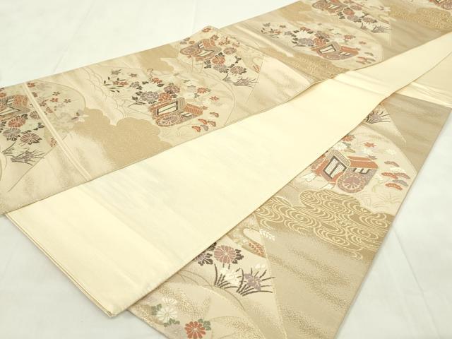 平和屋着物◎西陣　六通柄袋帯　唐織　御所車花文　金糸　正絹　逸品　DABA5732qp