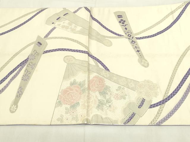平和屋着物◎太鼓柄袋帯　檜扇花文　銀糸　正絹　逸品　DABA5744qp