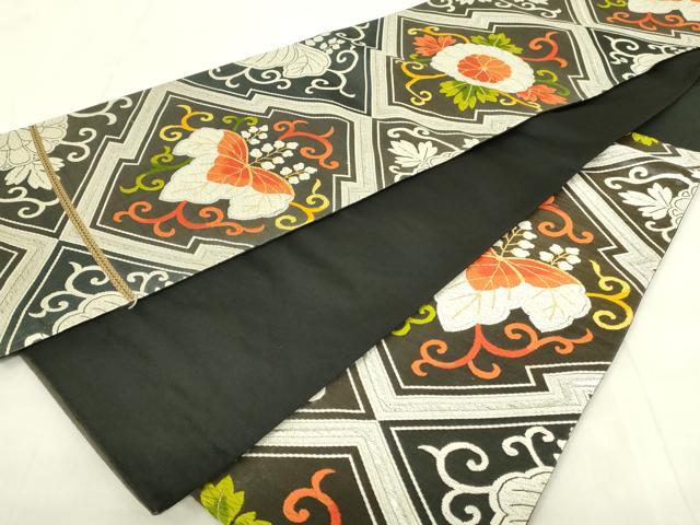 平和屋着物◎六通柄袋帯　唐織　松皮菱桐花文　黒地　金銀糸　正絹　逸品　DABA5747qp