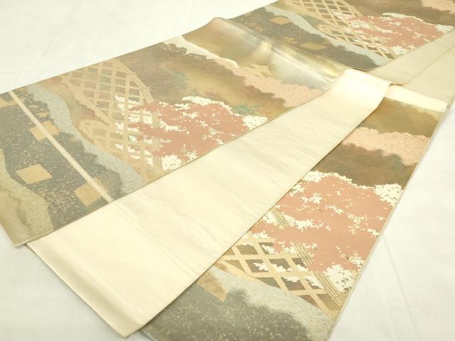 平和屋着物◎西陣　服部織物謹製　六通柄袋帯　こはく錦　手工芸　風景文　金糸　正絹　逸品　DABA5814qp