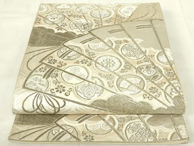 平和屋着物◎六通柄袋帯　檜扇花文　銀糸　正絹　逸品　DABA5816qp